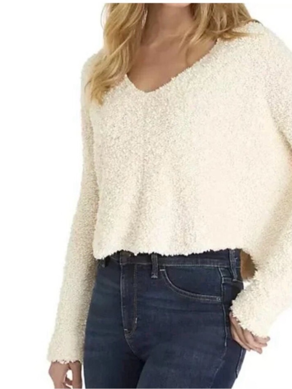 Free People Popcorn Ivory Cream V Neck Cropped Sweater